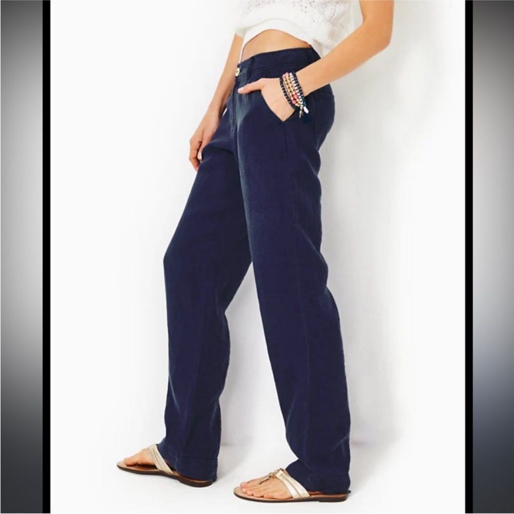 LILLY PULITZER | Breeta True Navy Blue Linen Wide Leg Pants Women’s Size 16 - Picture 2 of 14